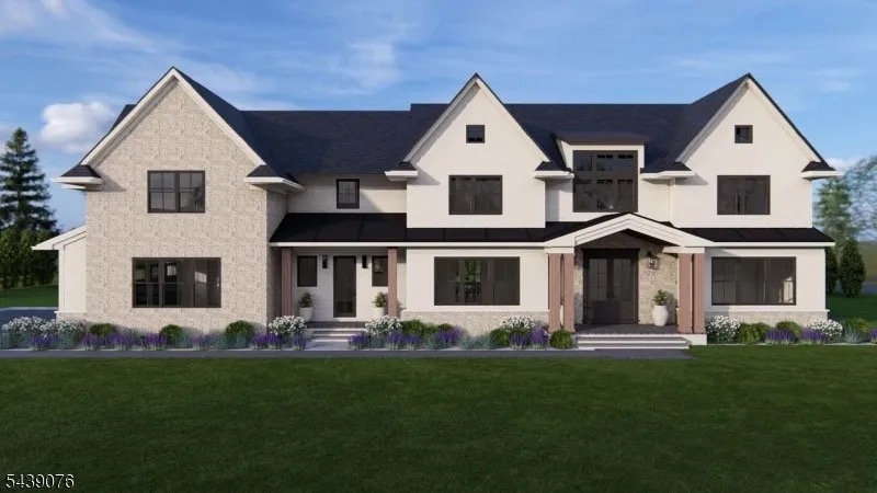 Architectural rendering of 776 Commanche Lane, a new-construction estate in Franklin Lakes with a stone-and-siding facade, gabled rooflines, and a three-car garage on a cul-de-sac